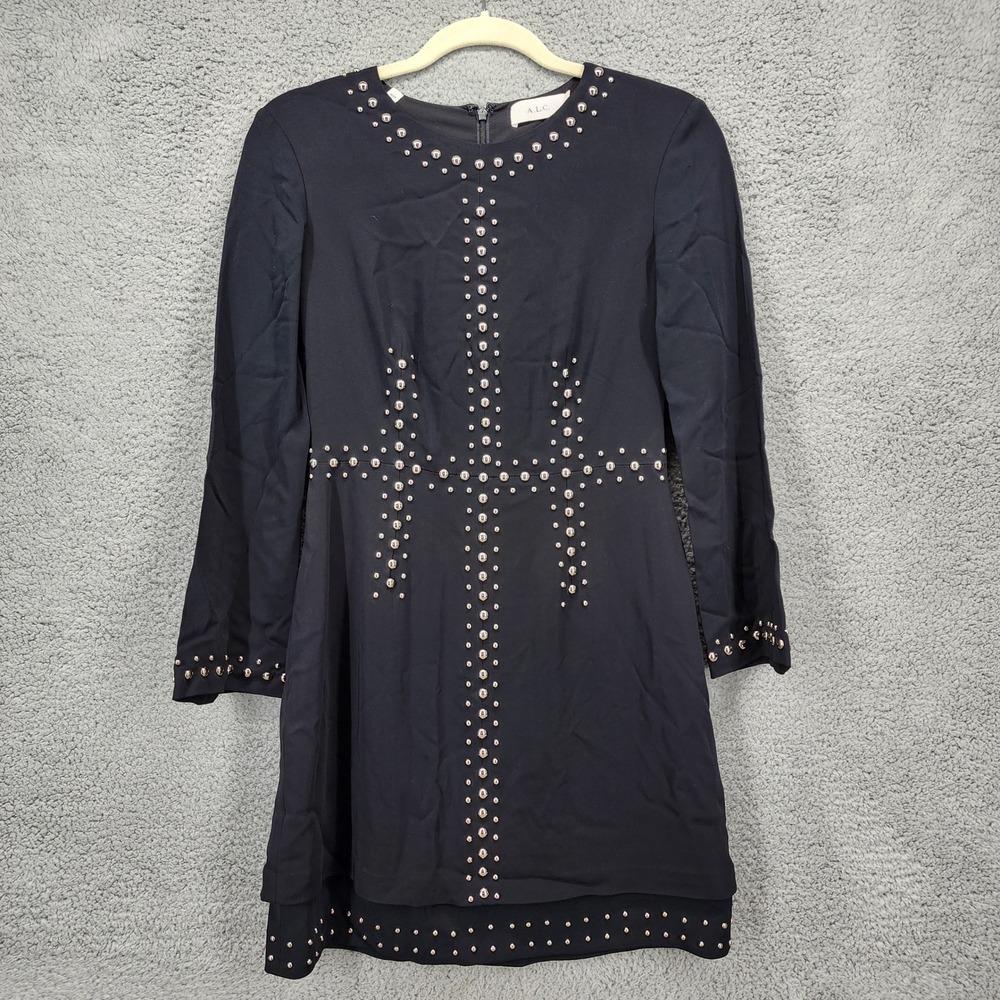 A.L.C. Size 2 Black Studded Mini Dress Long Sleeve Designer Viscose Blend